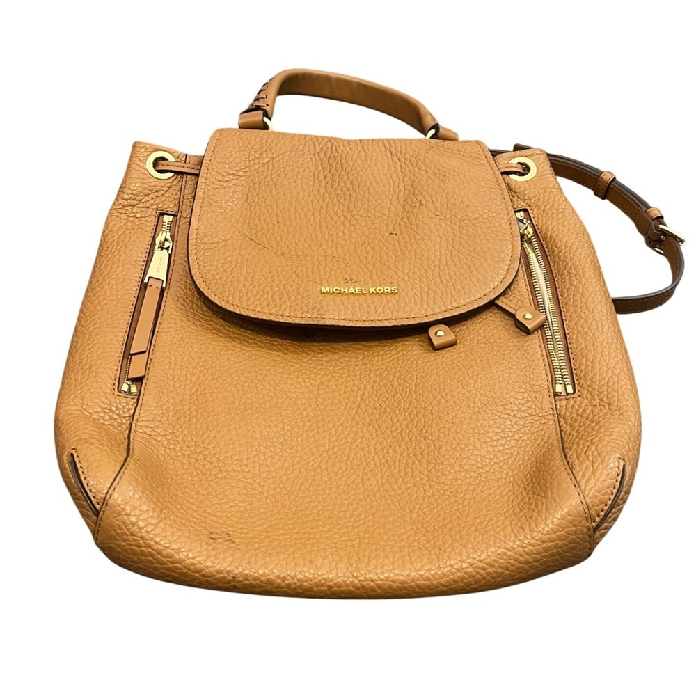 Michael Kors‎ Backpack Womens Medium Tan Pebbled Leather Gold Zip Drawstring
